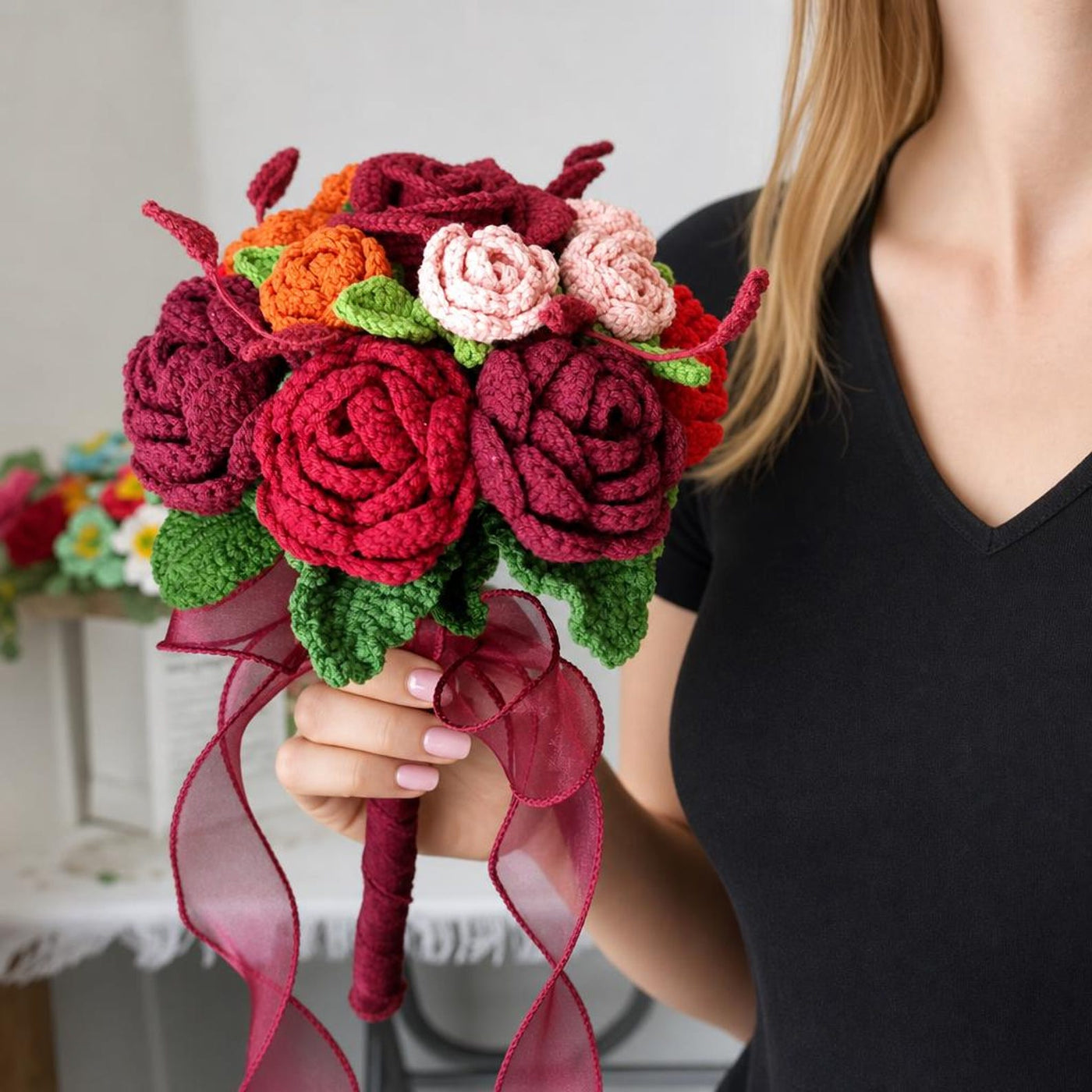 Deep Red Rose Crochet Bridal Bouquet - view 5