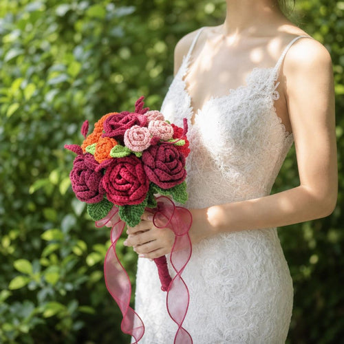 Deep Red Rose Crochet Bridal Bouquet
