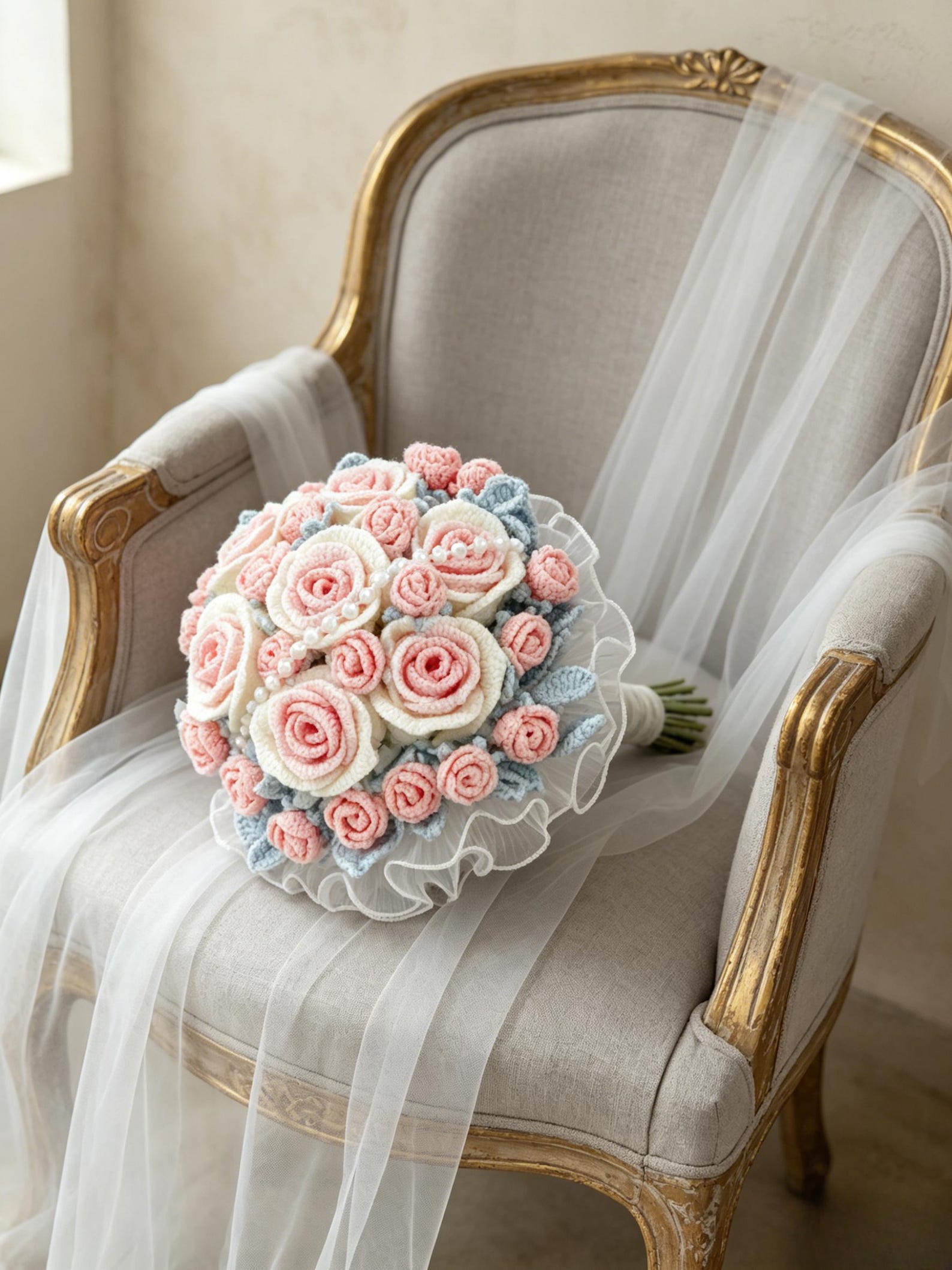 Blush Pink Rose Crochet Bridal Bouquet - view 4