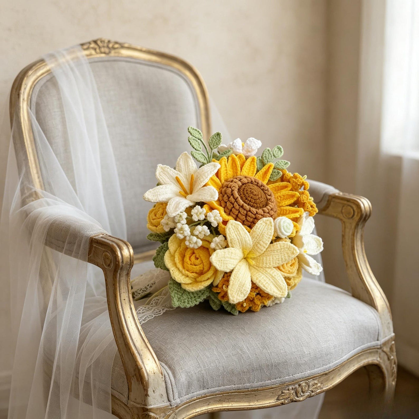 Sunflower & Ivory Crochet Bridal Bouquet - view 4