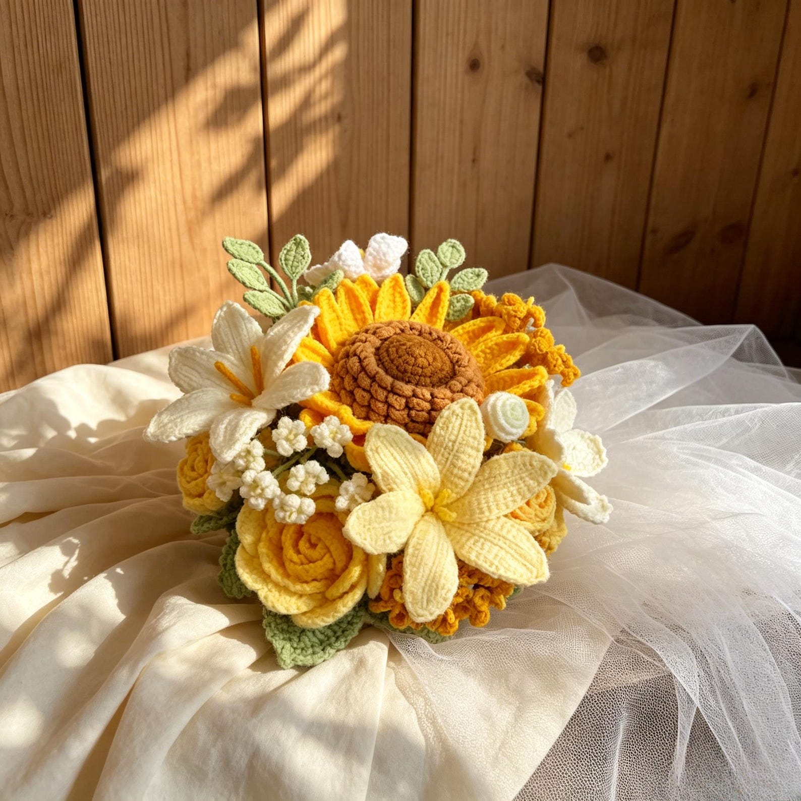 Sunflower & Ivory Crochet Bridal Bouquet - view 3
