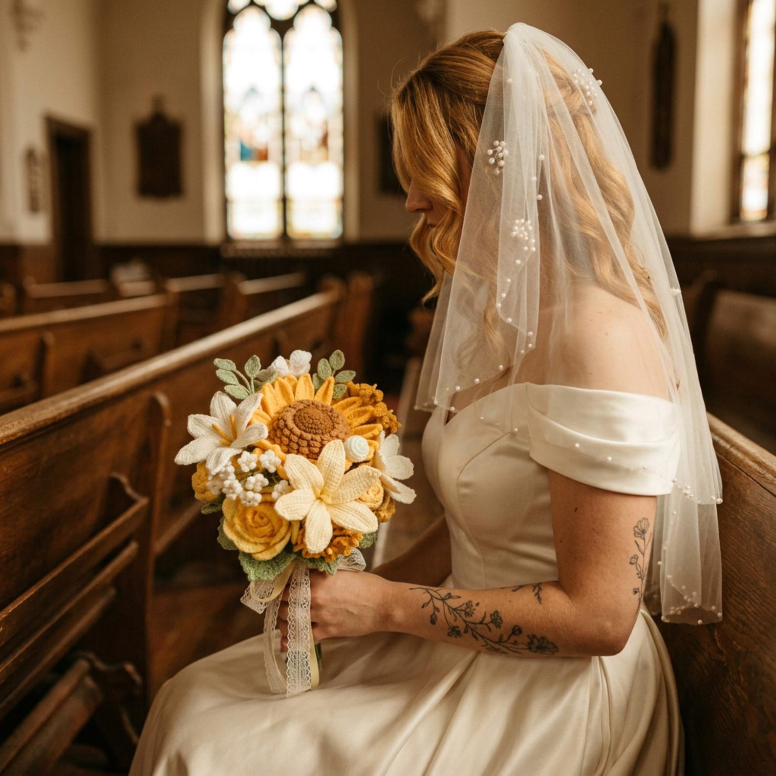 Sunflower & Ivory Crochet Bridal Bouquet - view 5