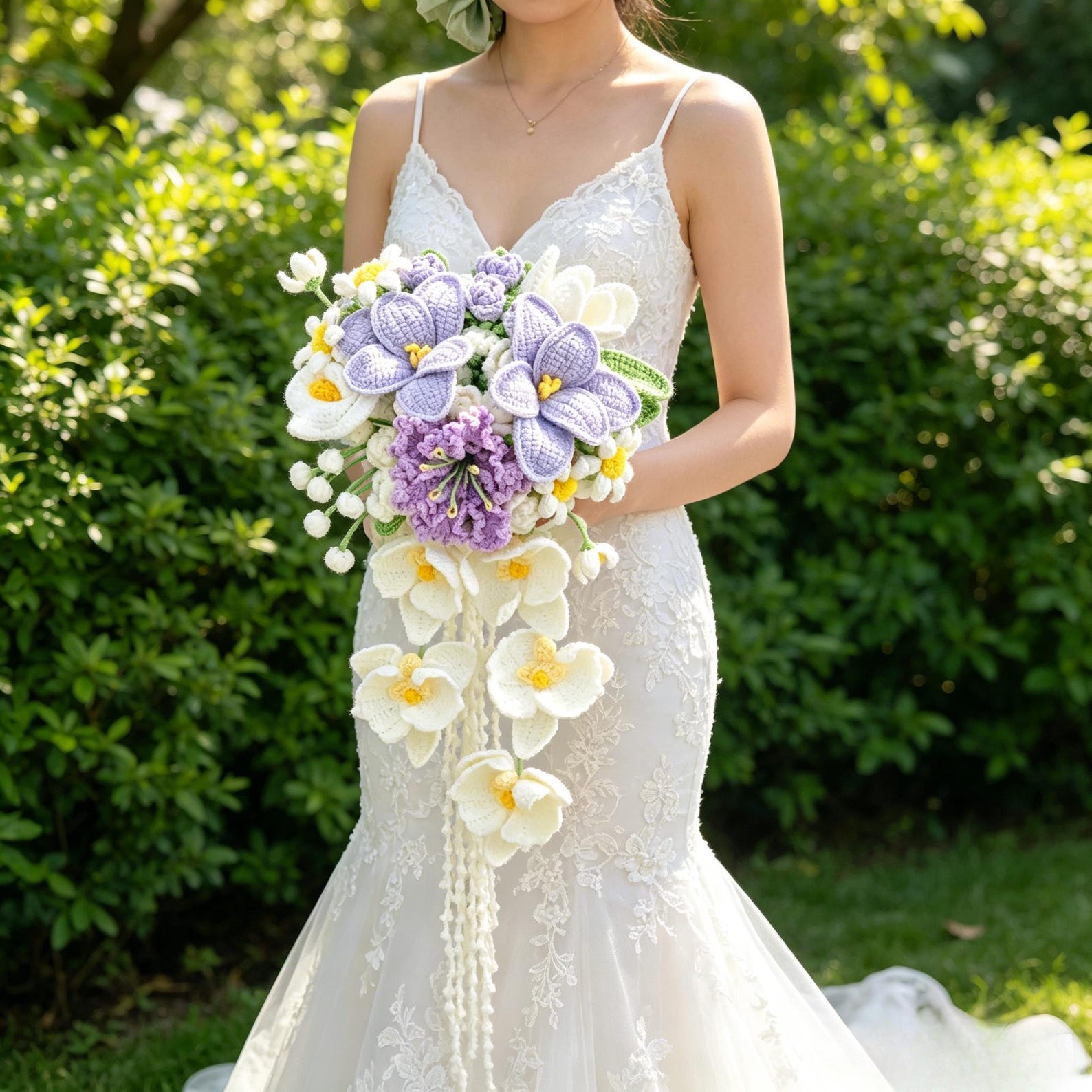 Purple & Ivory Lily Crochet Cascade Bouquet