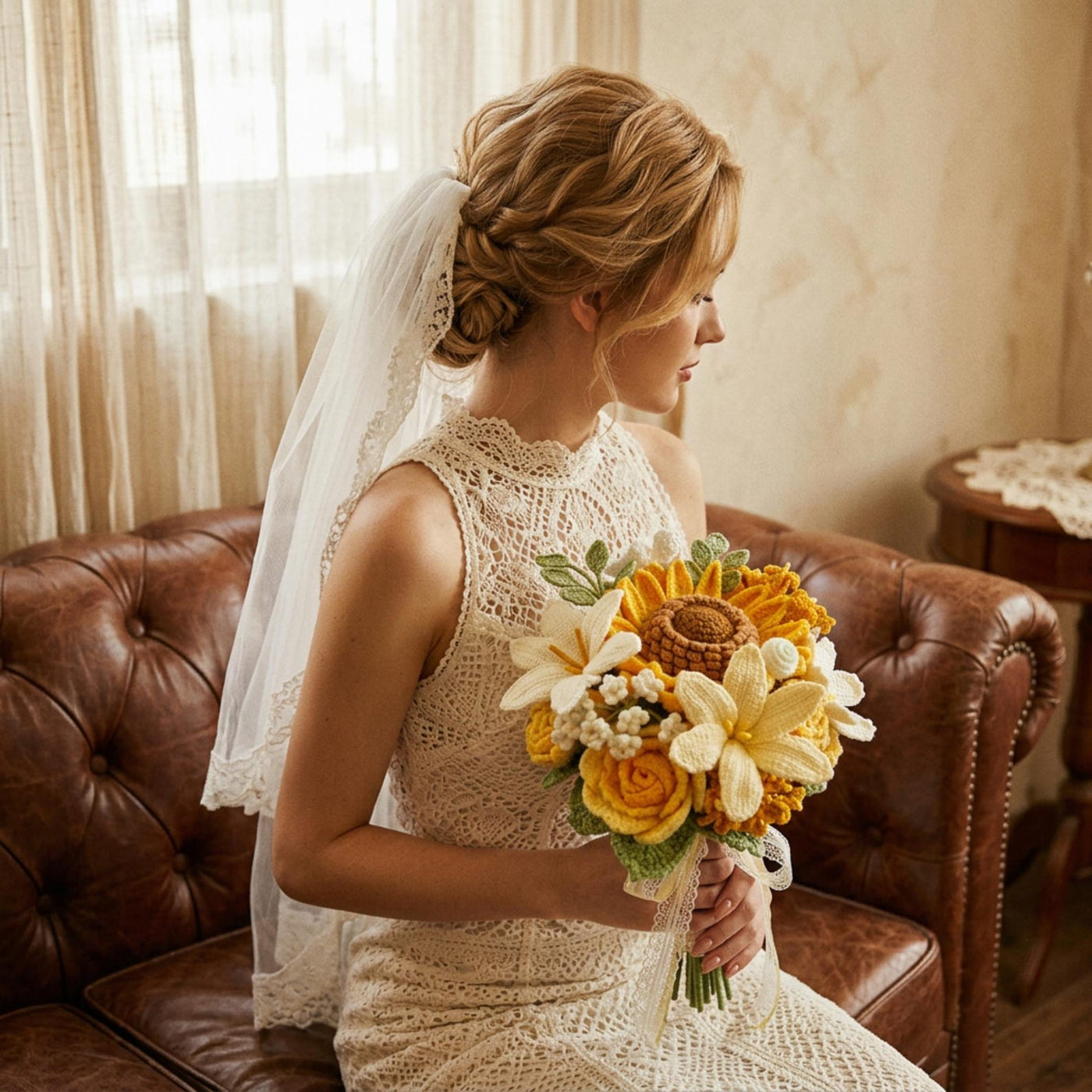 Sunflower & Ivory Crochet Bridal Bouquet - view 6