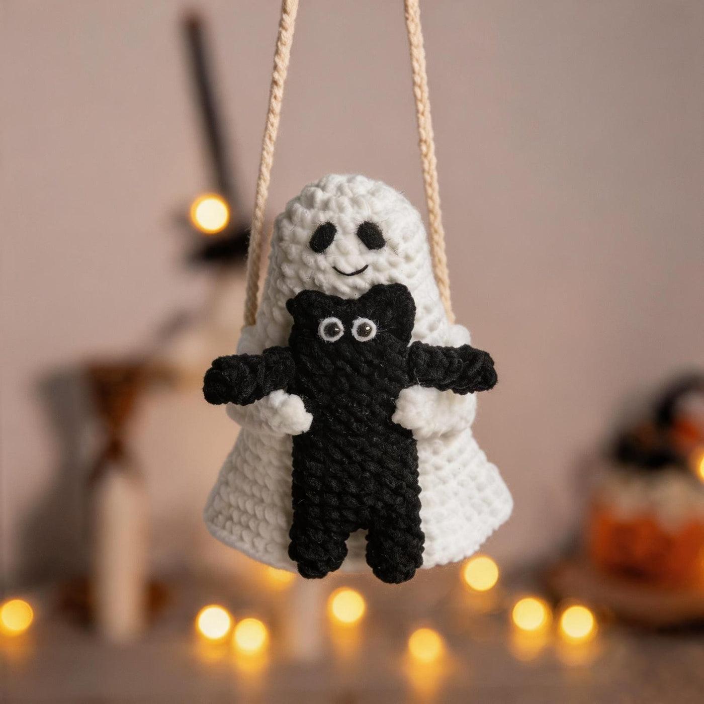 Ghost & Black Cat Crochet Car Charm
