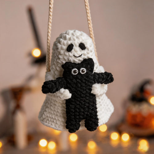 Ghost & Black Cat Crochet Car Charm - view 2