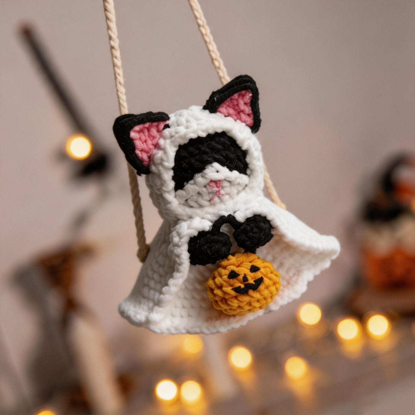 Ghost-Costume Cat & Pumpkin Crochet Car Charm