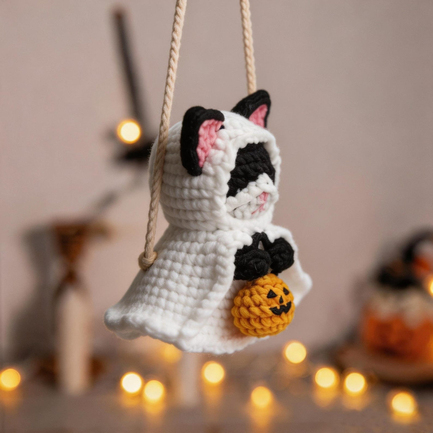 Ghost-Costume Cat & Pumpkin Crochet Car Charm - view 4