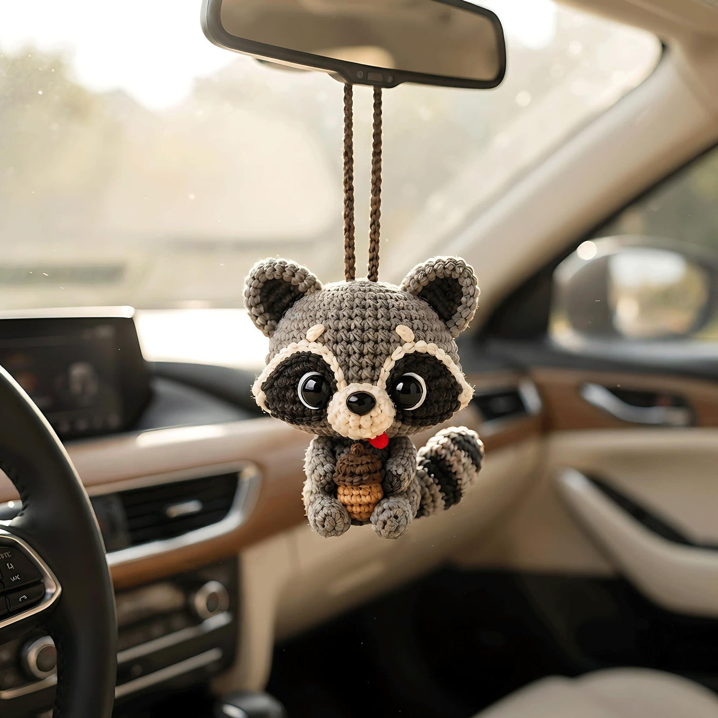 Acorn Raccoon Crochet Car Charm - view 3