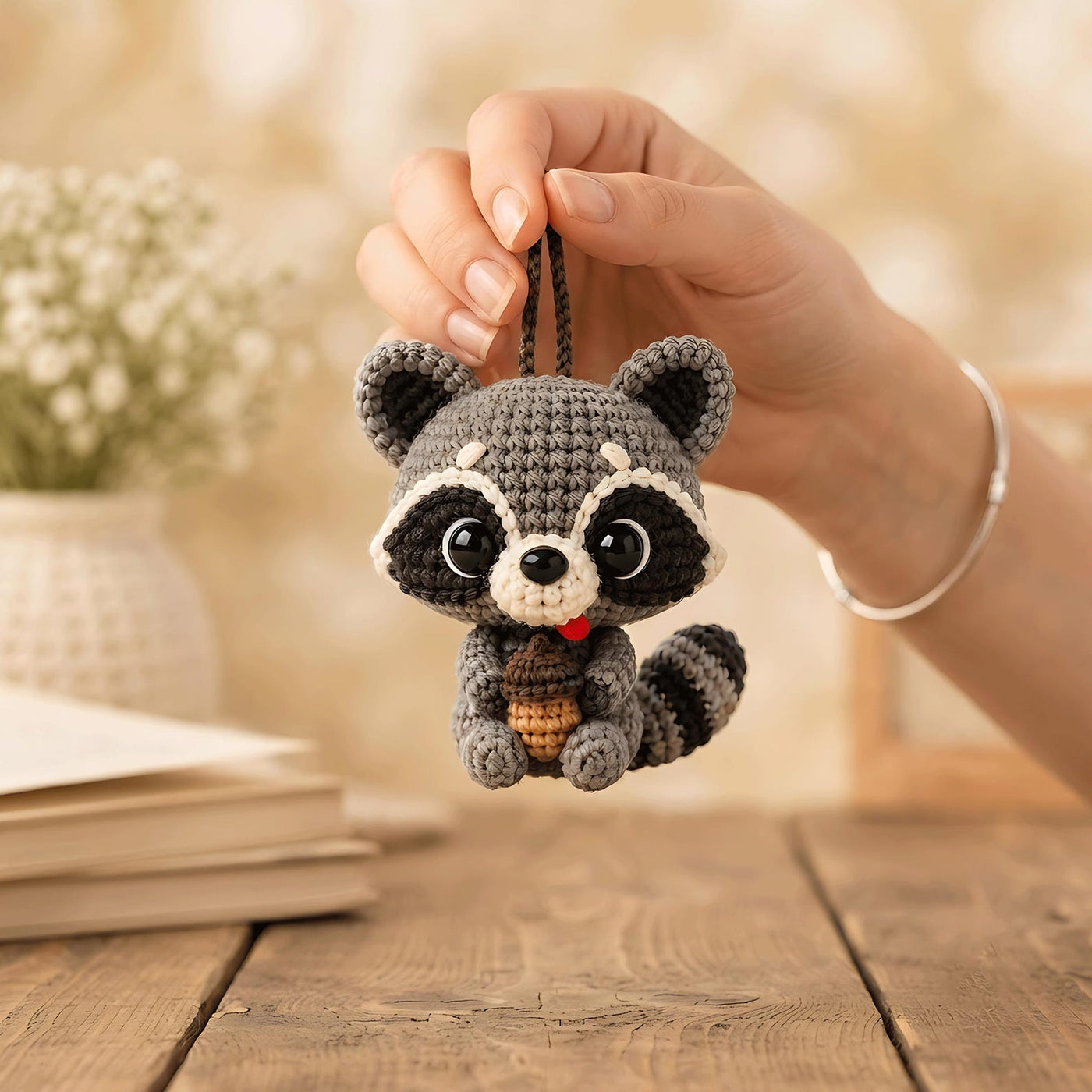 Acorn Raccoon Crochet Car Charm - view 4